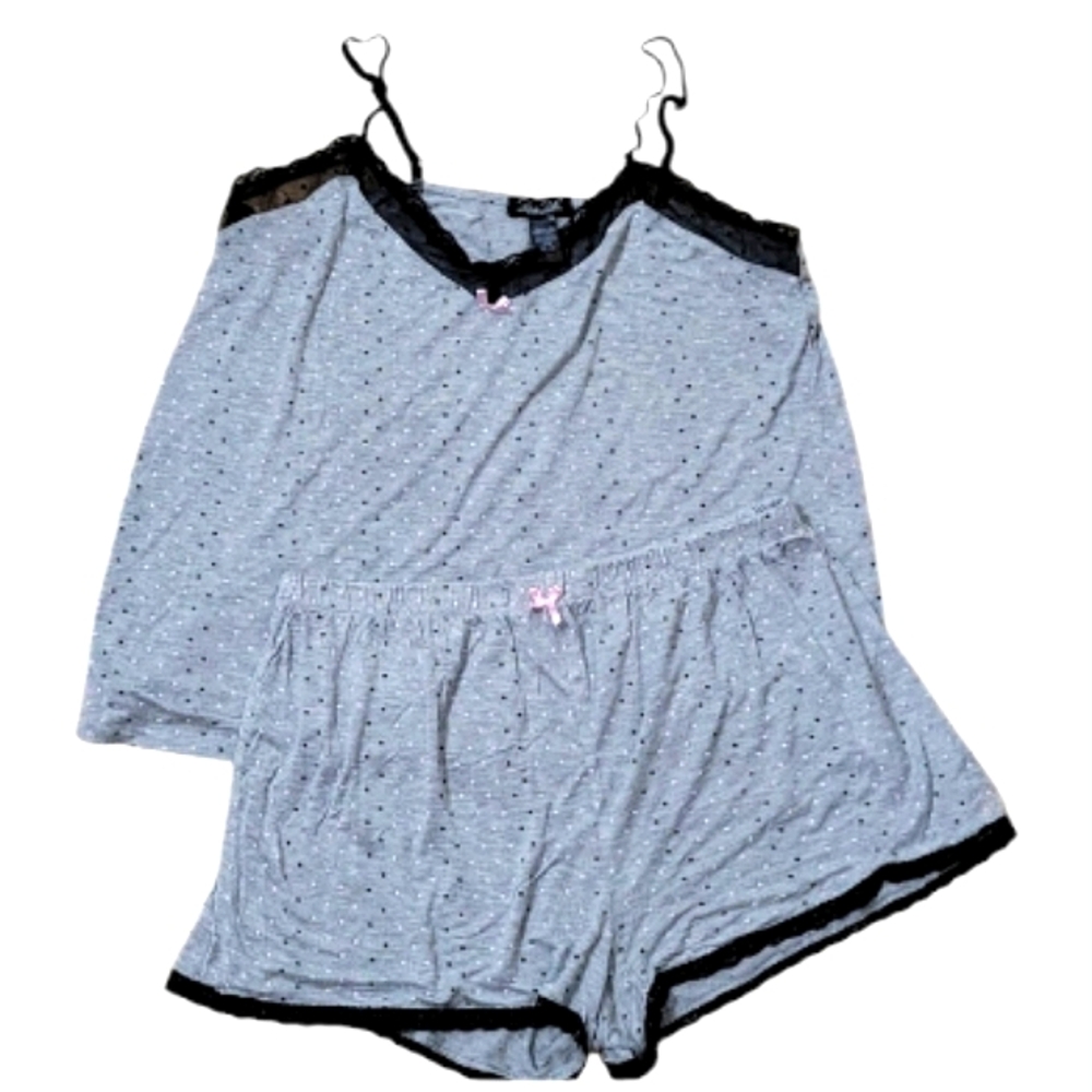 Rene Rofe 2 Piece Pajama Shorts Set Gray Black and Pink Polka-dot Lace Trim XL